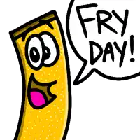 a cartoon character says fry day with a speech bubble behind it