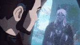 a man and a woman are standing next to each other and the woman has purple hair