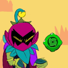 a cartoon drawing of a purple flower with a green swirl on it