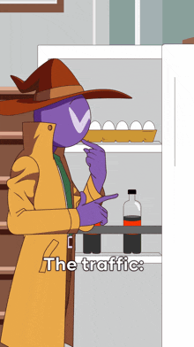 a cartoon of a man in a wizard hat pointing at a bottle of soda with the words the traffic below him