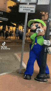 a person dressed as mario is standing next to a pole .