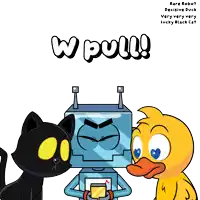 a black cat a yellow duck and a blue robot standing next to each other with the words w pull written on the bottom