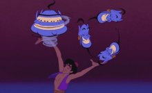 a man in a purple outfit is juggling a genie
