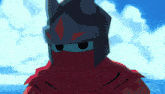 a cartoon character with a red hood and a black helmet stands in front of a blue sky