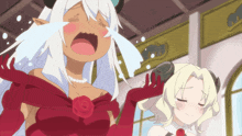 a cartoon girl with white hair is crying while another girl with horns looks on