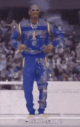 snoop dogg is dancing in front of a crowd while wearing a blue and yellow outfit and sunglasses .