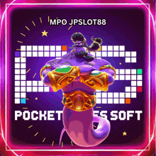 an advertisement for jpslot88 shows a purple genie