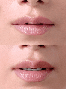 a close up of a woman 's lips before and after applying pink lipstick