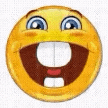 a yellow smiley face with a big smile on it 's face and big teeth .