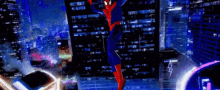 a spider-man is flying through the air in front of a city at night .