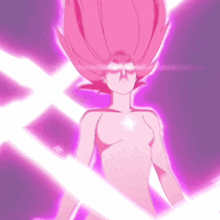 a woman with pink hair is surrounded by purple light