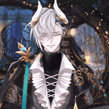 a man with white hair and horns is smiling in a room