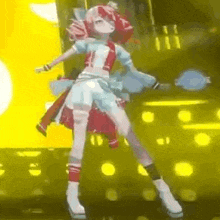 a girl in a red and white dress is dancing on a stage in front of a yellow background .