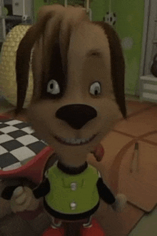 a cartoon dog is standing in a room with a checkered floor and smiling .