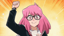 a cartoon girl with pink hair and glasses holds her fist up