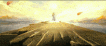 a painting of a person standing on a dock with the sun shining through the clouds