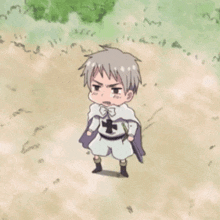 a cartoon character is holding a sword and a cape in a field .
