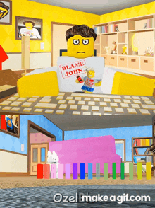 a lego man is wearing a shirt that says blame john on it
