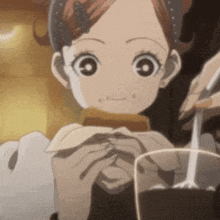 a cartoon girl is eating a hamburger and drinking a glass of milk .