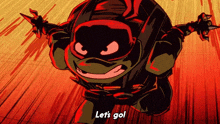 a cartoon character says let 's go in a red background