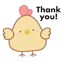 a cartoon chicken says thank you with a pink heart on its head