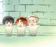 three anime characters are standing next to each other with their heads sticking out of their arms