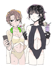 a drawing of a woman in a bikini holding a drink
