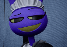 a purple cartoon character wearing a maid hat
