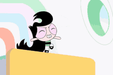 a cartoon character with long black hair is looking out a window with a rainbow in the background
