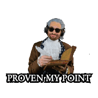 a man in a costume holding a book with the words proven my point below him