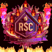 a colorful logo for rsc management with flames surrounding it