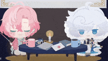 two anime characters are sitting at a table with a candle
