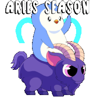a penguin is riding on the back of a purple goat with the words aries season above it