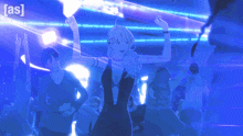 a woman in a black dress is dancing in a dark room with a blue background that says [ as ] on it