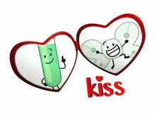 a couple of hearts with the word kiss in red