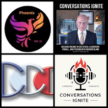 a man in a suit and tie stands in front of a phoenix logo