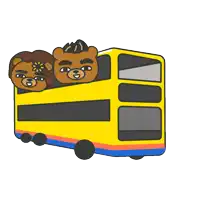 a yellow double decker bus with two teddy bears on the back