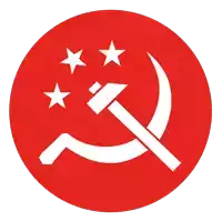 a red circle with a hammer and sickle with stars on it