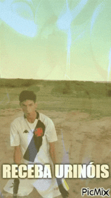 a picture of a man with the words receba urinois written on the bottom