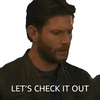a man in a leather jacket says let 's check it out on a white background