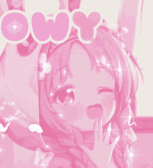 a picture of a pink anime girl with the word ow y above her