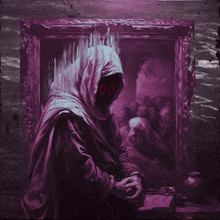 a painting of a hooded figure with red eyes and the number 00 on it