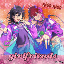 a couple of anime characters standing next to each other with the words kiss kiss girlfriends
