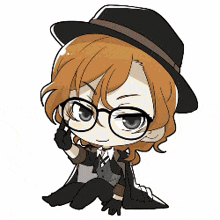 a chibi character wearing a hat and glasses is sitting down .