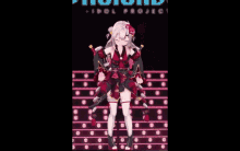 a 3d anime girl is standing on a stage with her arms in the air