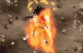 a cartoon character is flying through the air with a fireball coming out of his chest .