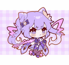 a drawing of a girl with purple hair and a bow in her hair