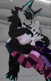 a black and white furry cartoon character is holding another furry cartoon character