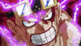 a close up of a cartoon character with purple lightning coming out of his eyes and the words `` assign '' .