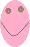 a pink smiley face with brown eyes and a grey mouth